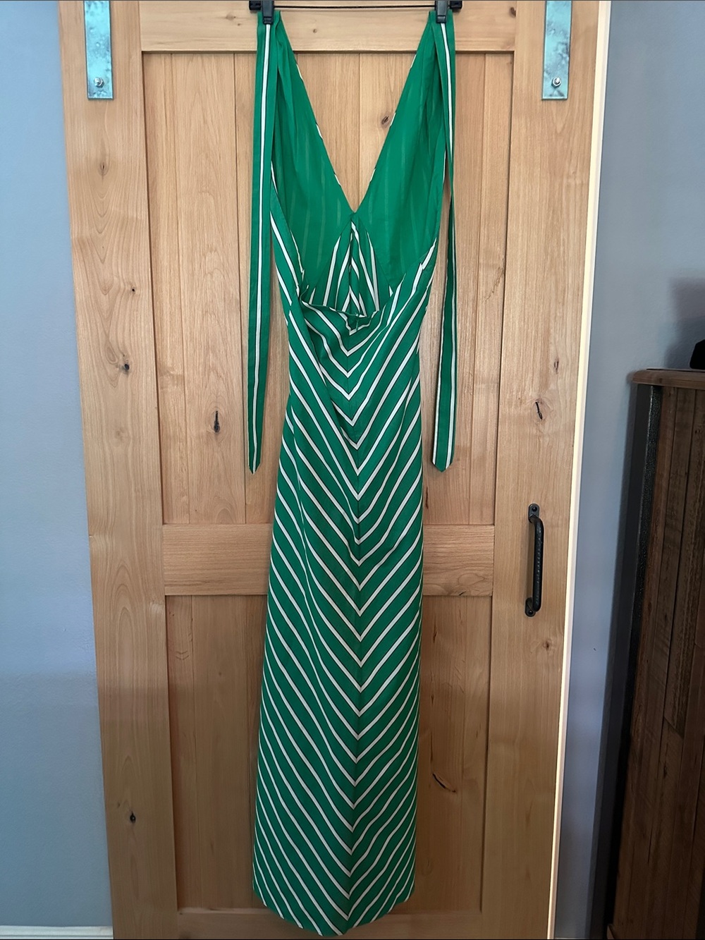 STAUD Dawn Seaweed Stripe Halter Maxi Dress Green White M - Picture 7 of 9